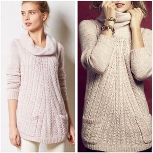 Anthropologie Guinevere Lavender Pink Cowl Neck Cable Knit Sweater